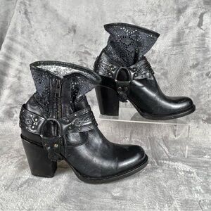 Pistolero Harness Boots Womens Mex 23 US 6.5 Black Leather With Crochet Top Boho